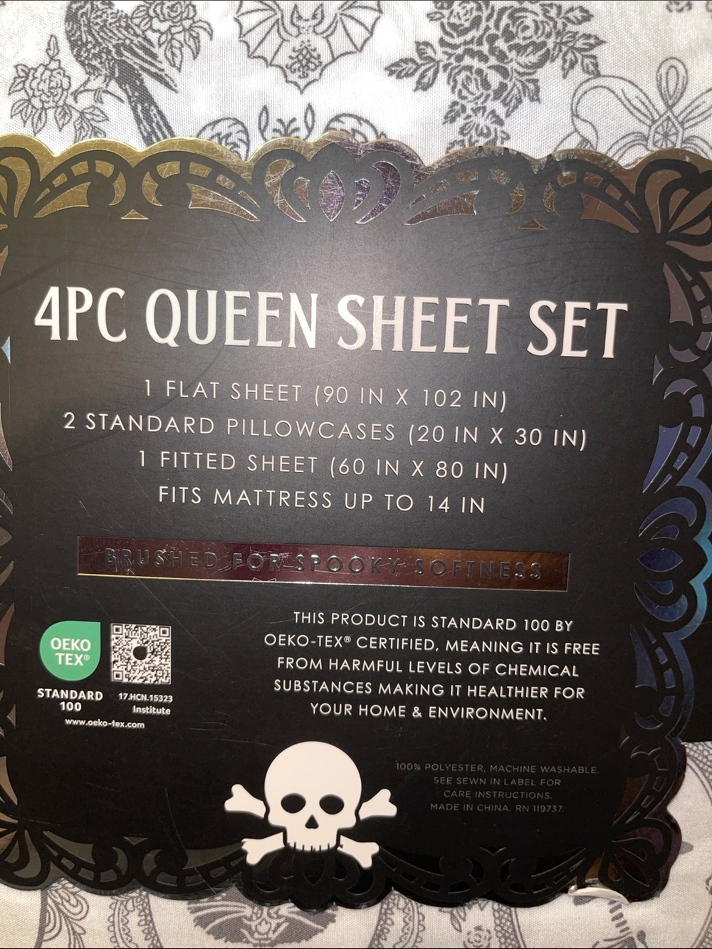 Queen 4-Piece Sheet Set - White with Black Gothic Print - Picture 3 of 3